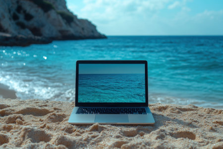 Laptop showing ocean wallpaper sits on sandy beach by turquoise waterの素材