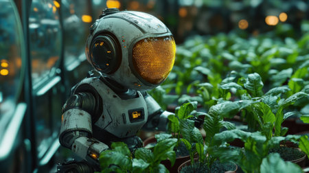 Robot monitoring greenhouse plants, sustainable agriculture and automationの素材