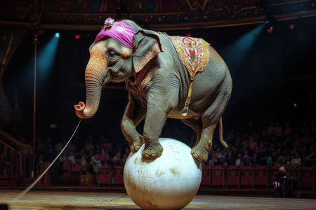 Circus elephant balancing on a ball, show, entertainment, and skillの素材