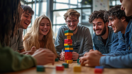 Startup employees having fun building a tower of colorful wooden blocksの素材
