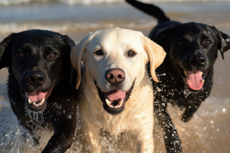 Three labrador retrievers running and playing on beachの素材