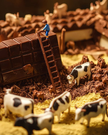 Farmer climbing chocolate barn ladder in miniature farm sceneの素材