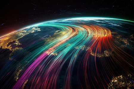 Planet earth with flowing digital connections in space, global networkの素材