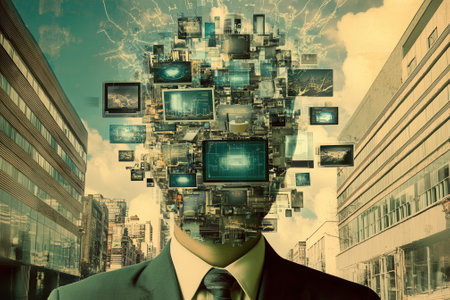 Businessman immersed in screens and technology walking in city streetの素材