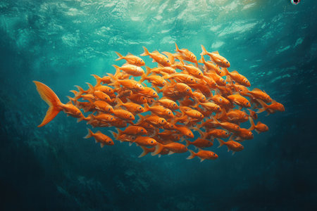 Large group of goldfish swimming together in formation underwaterの素材