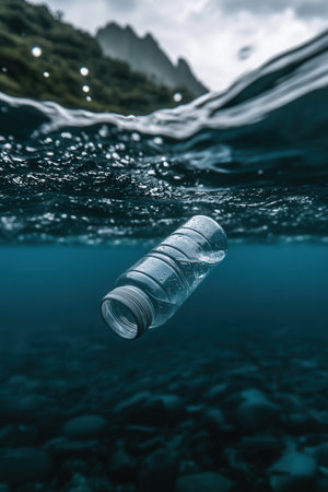 Plastic water bottle polluting ocean water near tropical islandの素材
