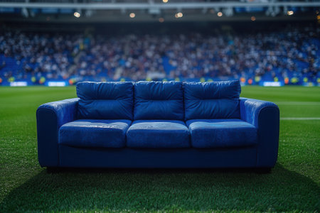 Blue sofa standing on the sidelines of a champions league finalの素材
