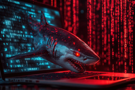 Shark with red eyes emerging from laptop screen symbolizing cyber attackの素材