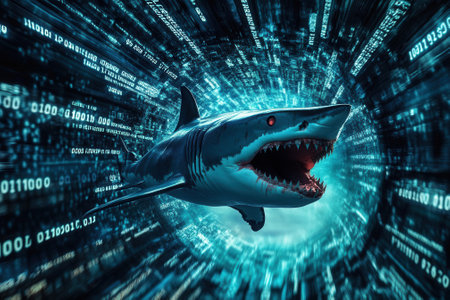 Shark attacking through internet binary code tunnel representing online security threatの素材