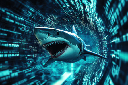 Great white shark swimming through digital data tunnel symbolizing cyber attacksの素材