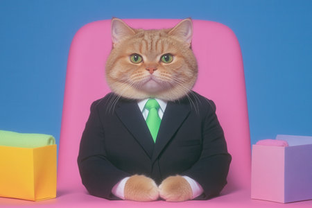 Ginger cat wearing suit and tie sitting on pink office chairの素材