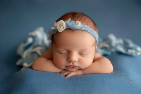 Newborn baby girl sleeping peacefully with blue headband and blanketの素材