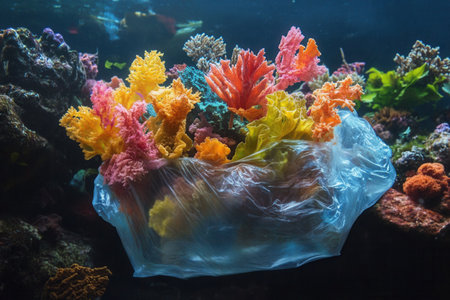 Plastic bag polluting colorful coral reef in the oceanの素材