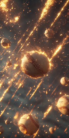 Baseballs falling from the sky like burning meteors with trails of fire and sparksの素材