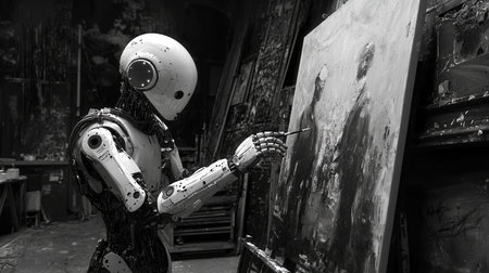 Robot artist painting in a dark art studio in black and whiteの素材