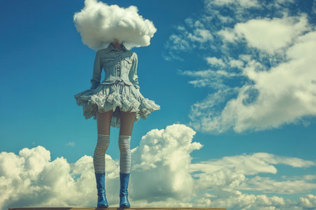 Woman with cloud for head standing on wooden platform, surreal fashionの素材