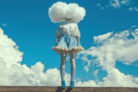 Woman standing on wooden beam with cloud as head symbolizing abstract conceptsの素材