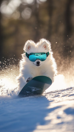 White dog snowboarding down a snowy slope at sunsetの素材