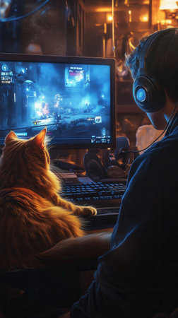 Gamer wearing headphones playing video games with cat watchingの素材