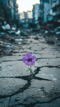 Purple flower growing through cracked asphalt in a destroyed city streetの素材