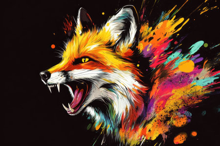 Colorful fox head roaring with vibrant paint splatter on black backgroundの素材