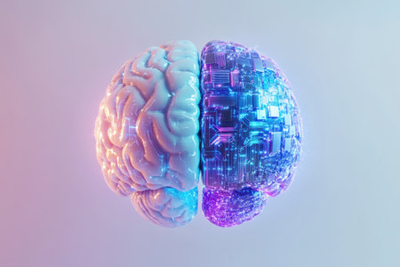 Futuristic neon brain showing biological and technological sidesの素材