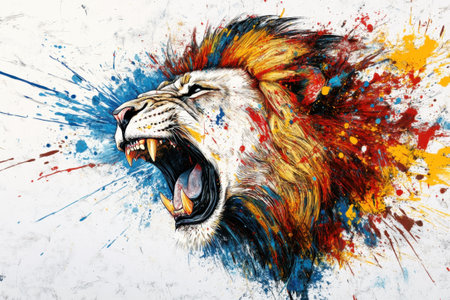 Colorful roaring lion head painting with paint splatter effectの素材
