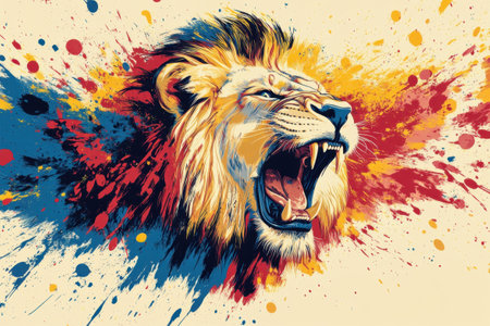 Majestic lion roaring with colorful splashesの素材