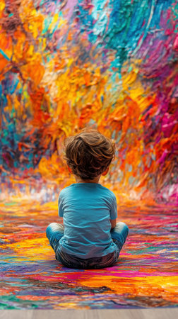 Child admiring vibrant abstract painting, exploring creativity and imaginationの素材