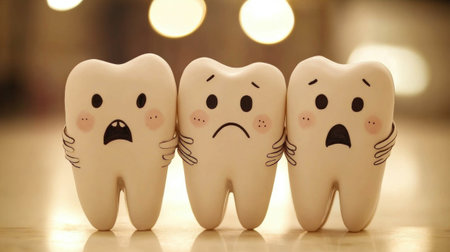 Worried teeth hugging expressing fear of dentist appointmentの素材