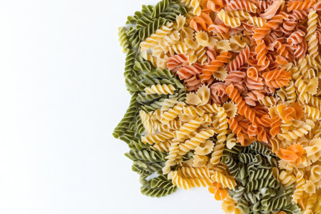 Colorful italian pasta forming a womans face on white backgroundの素材