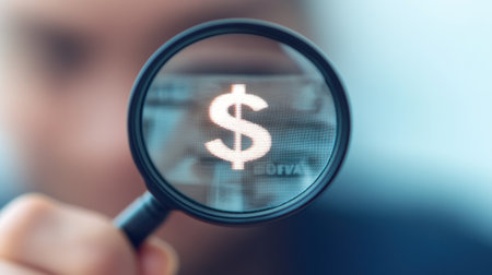 Businessman holding magnifying glass showing dollar symbol reflecting banknoteの素材