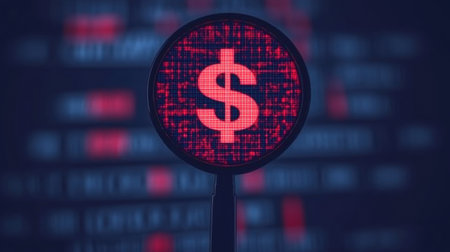 Red digital dollar sign showing on a screen with code in backgroundの素材