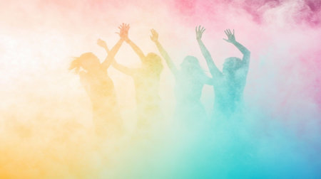 Friends raising hands, celebrating holi festival with colorful powderの素材