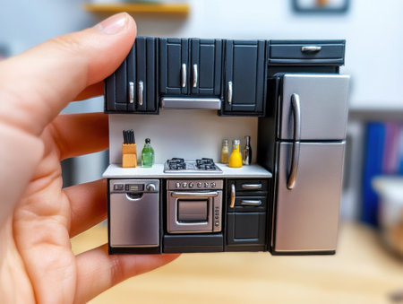 Hand holding miniature kitchen, modern design and small scale livingの素材