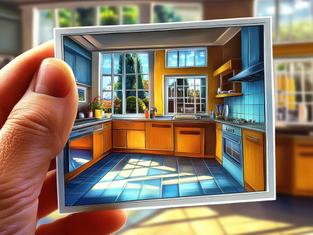 Hand holding miniature painting of sunlit kitchen interiorの素材