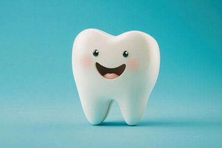Smiling tooth promoting dental health and hygiene on blue backgroundの素材