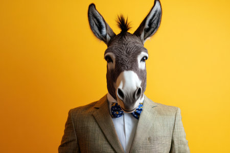 Businessman wearing donkey mask posing on yellow backgroundの素材