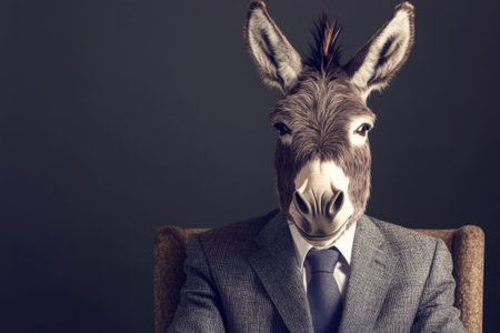 Businessman with donkey head sitting on armchairの素材