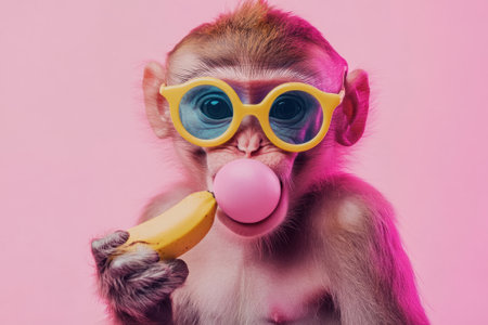 Stylish monkey wearing sunglasses blowing bubble gum and eating bananaの素材