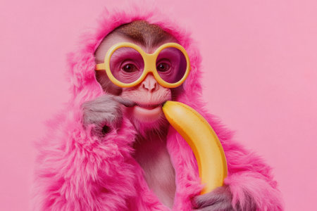 Stylish monkey wearing pink fur coat and sunglasses eating bananaの素材