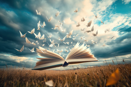 Open book releasing paper birds into cloudy sky over wheat fieldの素材