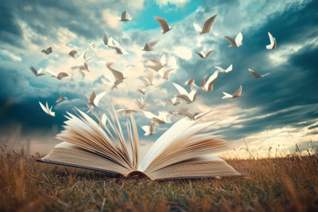 Open book releases pages transforming into flying butterflies in a fieldの素材