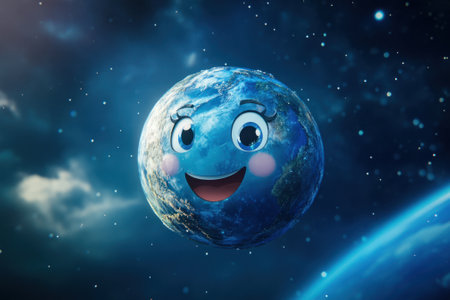 Happy planet earth smiling in the space with stars backgroundの素材
