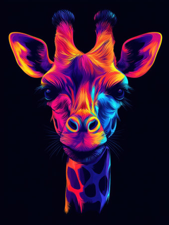 Colorful giraffe portrait with vibrant neon colors on black backgroundの素材