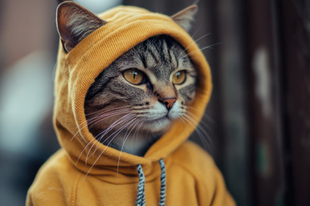 Cat wearing yellow hoodie, portrait of stylish kittenの素材