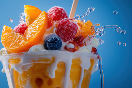 Ice cream sundae dripping with fresh fruit and water splashing on blue backgroundの素材