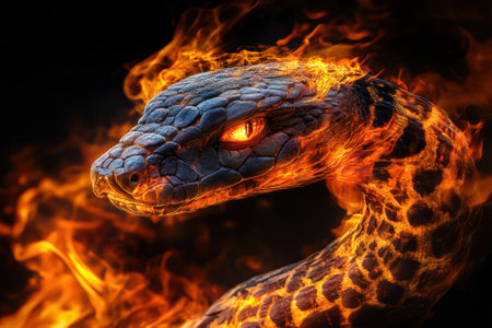 Flaming cobra emerging from a fiery black backgroundの素材