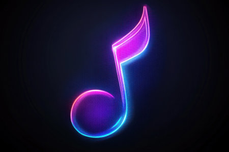 Neon music note shining on dark background representing melody and harmonyの素材