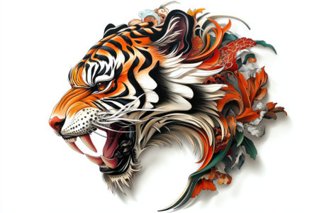 Roaring tiger head emerging from floral ornament on white backgroundの素材
